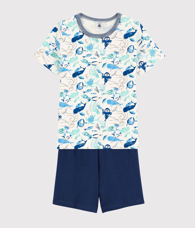 Kinder-Kurzpyjama aus Baumwolle mit Meerestiermotiv f&uuml;r Jungen weiss/vielfarbig