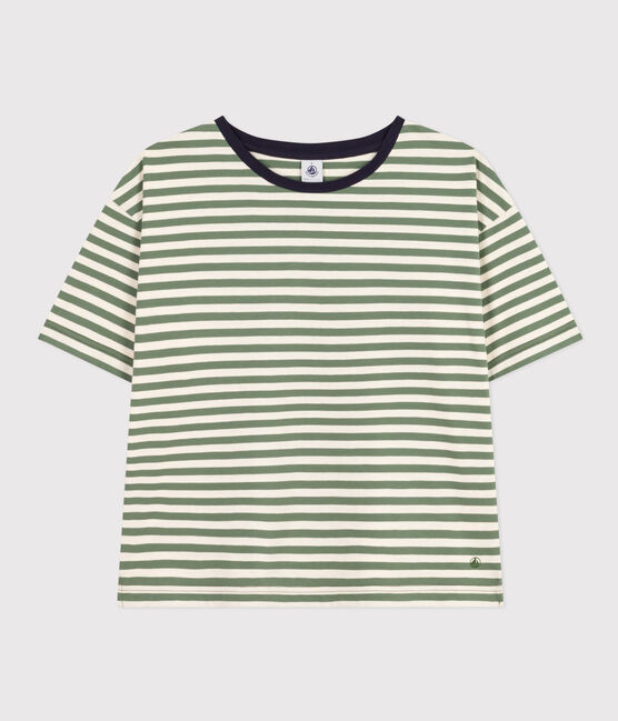 Damen-T-Shirt Le Boxy aus gestreifter Baumwolle grün CROCO/ AVALANCHE