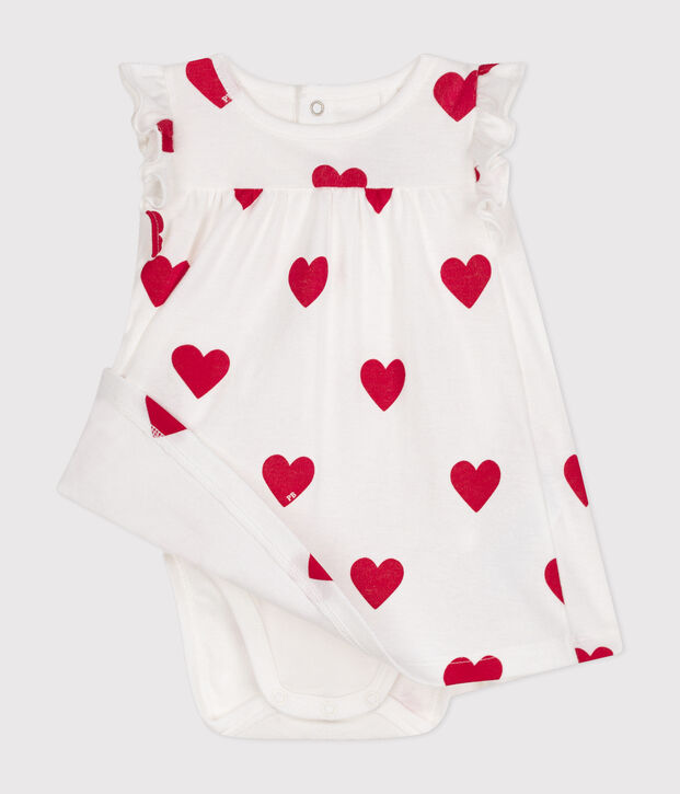 Body-Kleid aus Bio-Baumwolle mit Herzmuster f&uuml;r Babys weiss/rot