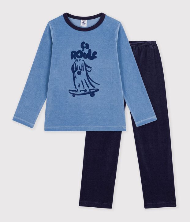 Kinder-Pyjama aus einfarbigem Nicki mit Motiv blau/blau
