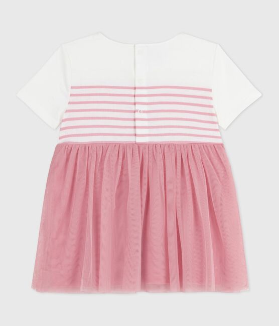 Kurzärmeliges Baby-Kleid aus Baumwolle und Tüll, gestreiftes Oberteil weiss MARSHMALLOW/rosa CHARME