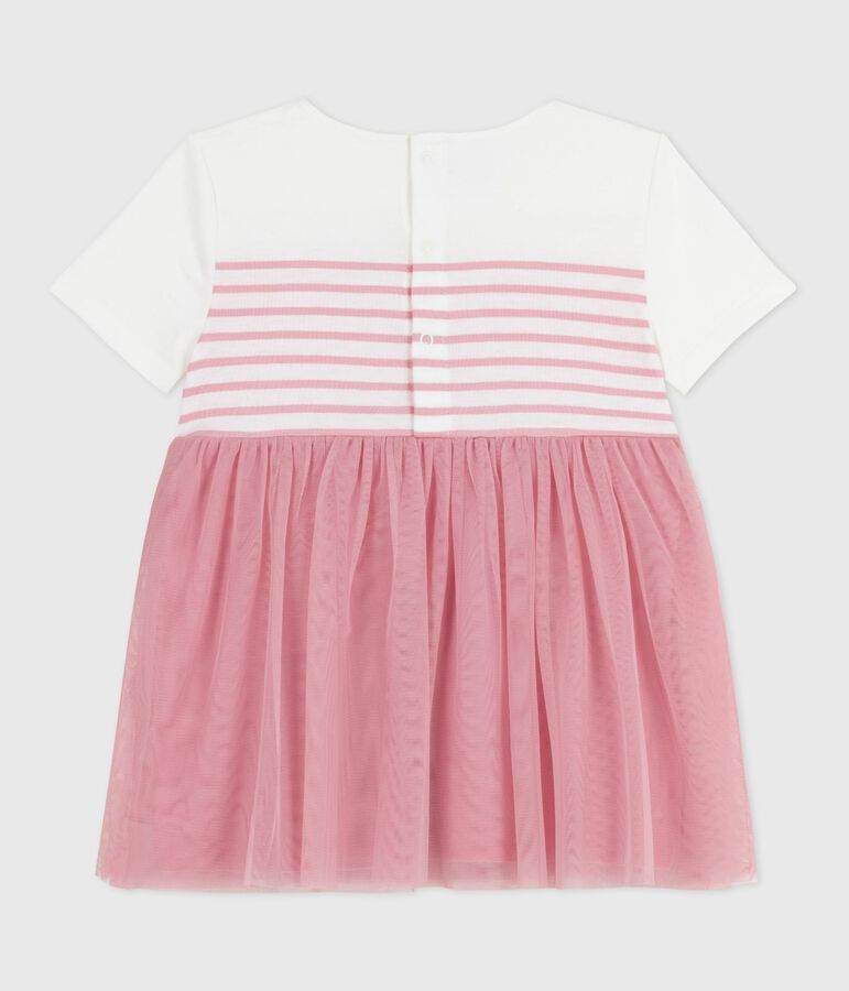 Kurz&auml;rmeliges Baby-Kleid aus Baumwolle und T&uuml;ll, gestreiftes Oberteil weiss/rosa