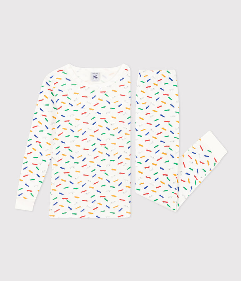 K&ouml;rpernaher Kinderpyjama aus Baumwolle mit Skateboard-Printmotiv weiss/vielfarbig