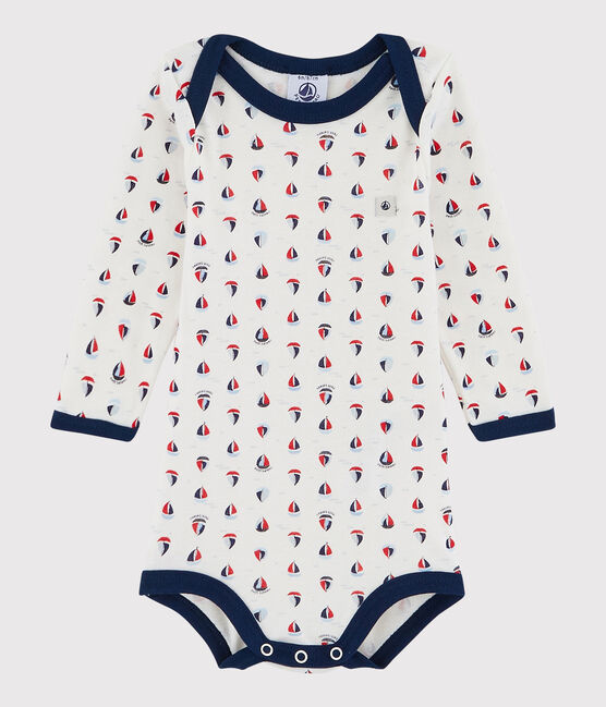 Langärmeliger Baby-Body Jungen weiss MARSHMALLOW/blau MEDIEVAL