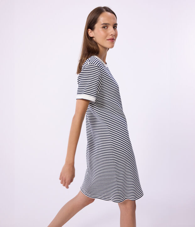 Kurzes Damen-Kleid aus Baumwolle blau/weiss