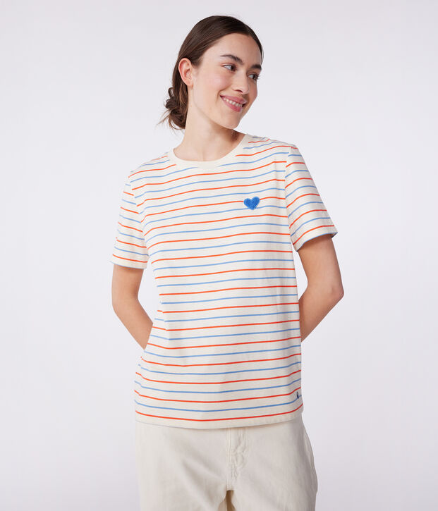 Damen T-Shirt Le Droit aus Baumwolle mit Streifen naturfarben/vielfarbig