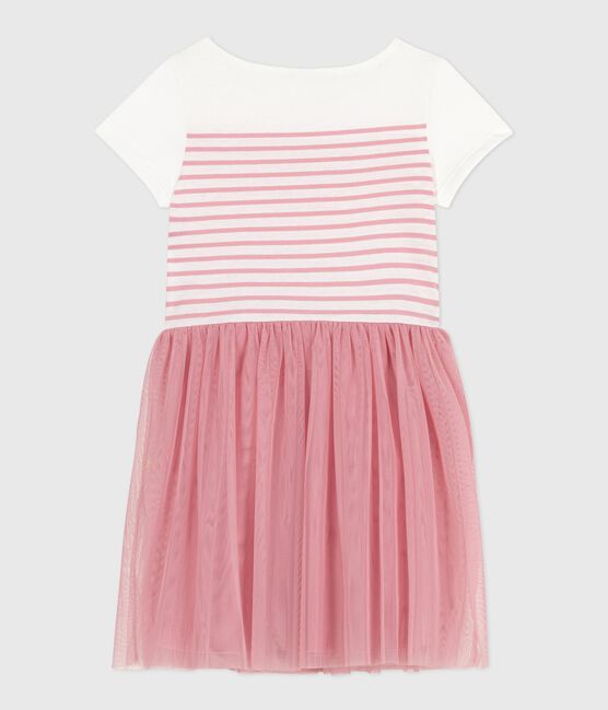Kurzärmeliges Kinder-Kleid aus Baumwolle und Tüll weiss MARSHMALLOW/rosa CHARME