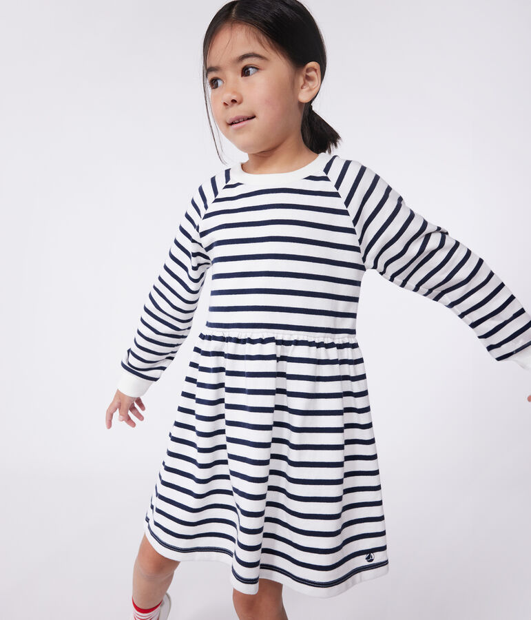 Lang&auml;rmeliges Kinder-Kleid aus Baumwolle mit Streifen weiss/blau