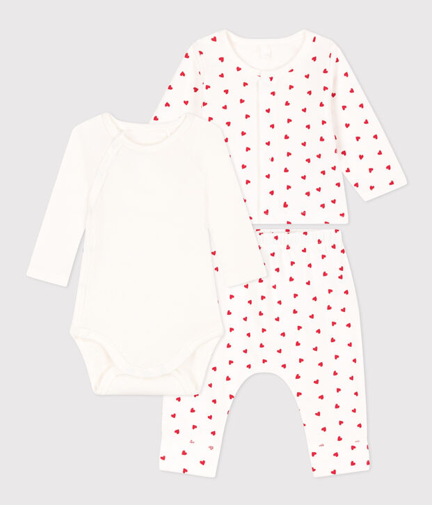 Baby-Set aus bedrucktem Molton mit kleinen Herzen weiss/rot