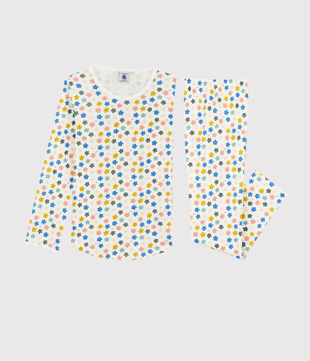 Kinderpyjama aus Baumwolle mit phosphoreszierenden Blumen f&uuml;r M&auml;dchen weiss/vielfarbig