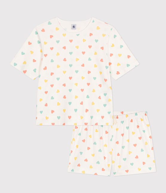 Damen-Kurzpyjama aus Baumwolle mit Herzmotiv weiss MARSHMALLOW/weiss MULTICO