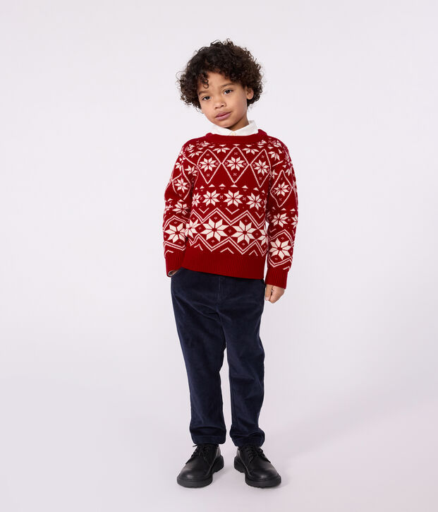 Kinder-Pullover aus Wolle und Baumwolle mit Muster rot/naturfarben
