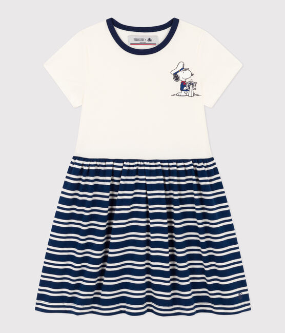 Kurzärmeliges Kinderkleid aus Baumwolle für Mädchen blau MEDIEVAL/weiss MARSHMALLOW