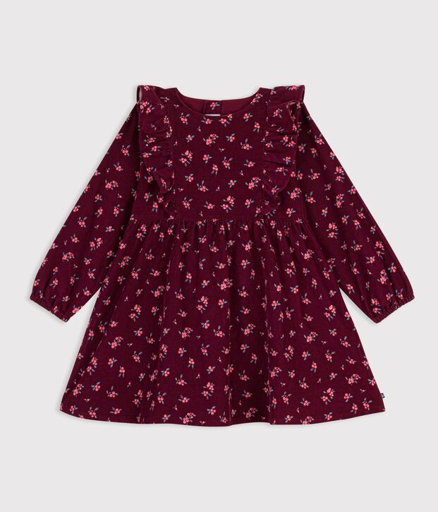 Lang&auml;rmeliges Kinder-Kleid aus gebl&uuml;mtem Fein-Cord rot/vielfarbig