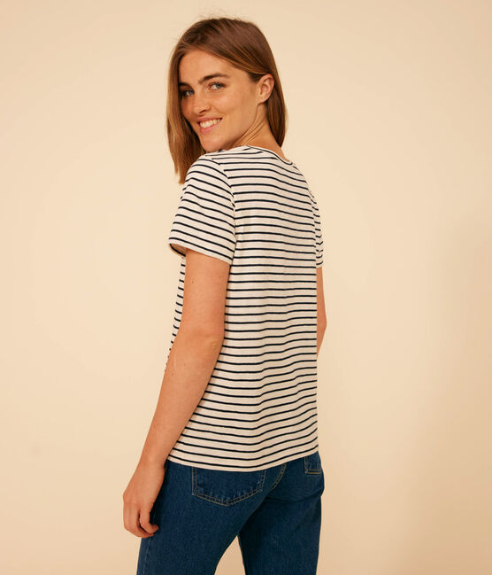 Damen-T-Shirt Le Droit aus Baumwolle, mit Rundhalsausschnitt und Streifen weiss AVALANCHE/blau SMOKING
