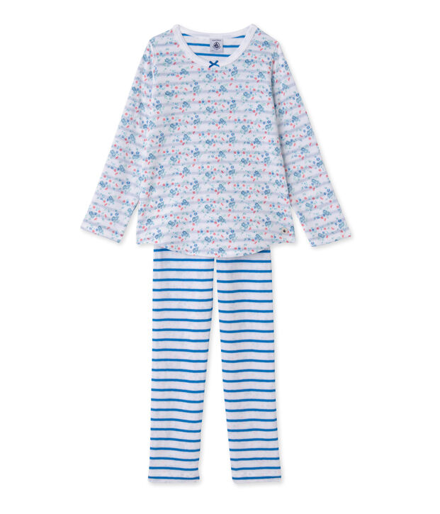 Wendbarer M&auml;dchen-Schlafanzug aus gedoppeltem Jersey weiss/blau/vielfarbig