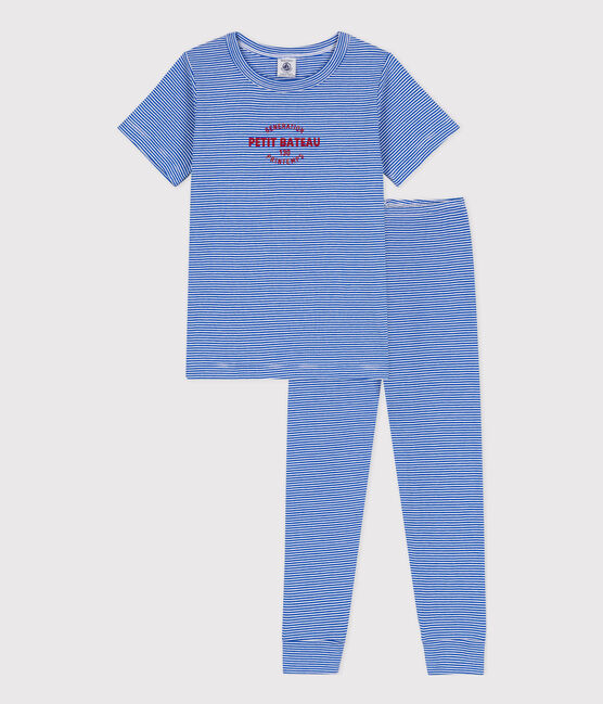 Kurzärmeliger Kinderpyjama aus Baumwolle mit Streifen blau PERSE/weiss MARSHMALLOW