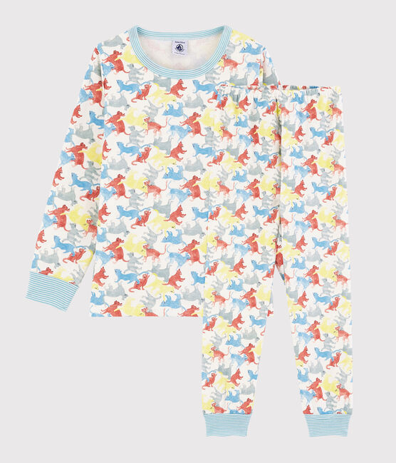 Kinderpyjama aus Molton mit Katzenmotiv für Jungen weiss MARSHMALLOW/weiss MULTICO