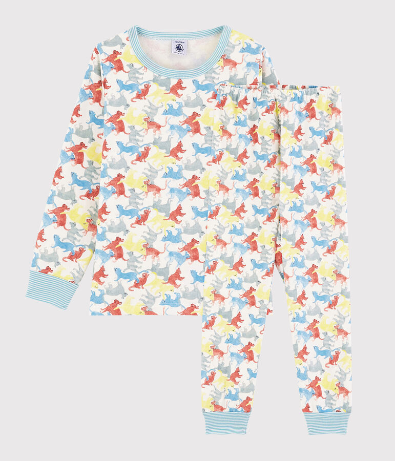 Kinderpyjama aus Molton mit Katzenmotiv f&uuml;r Jungen weiss/vielfarbig