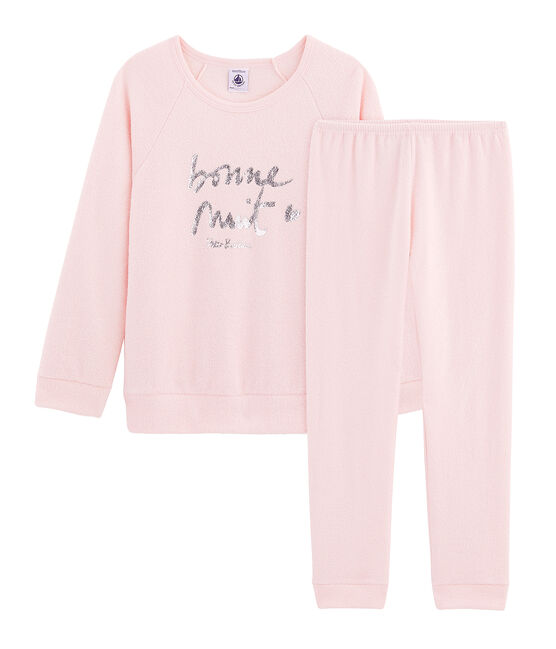 Pyjama aus aufgerautem, extra warmem Bouclé-Frottier für kleine Mädchen rosa MINOIS