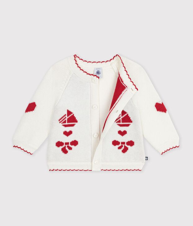 Baby-Cardigan aus Woll- und Baumwollstrick mit Jacquardmuster weiss/rot