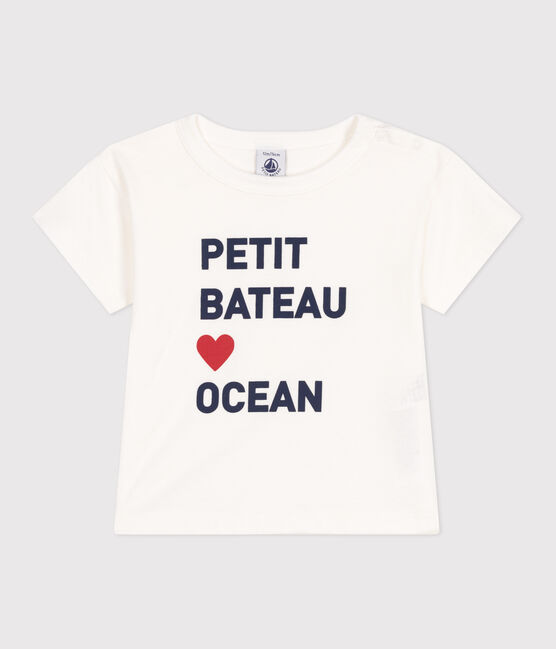 Kurzärmeliges Baby-T-Shirt aus einfarbiger Baumwolle weiss MARSHMALLOW