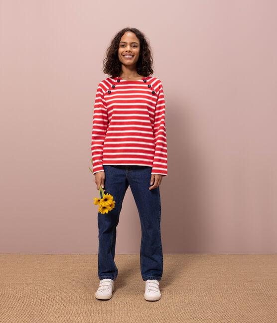 Geknöpftes Streifenshirt aus Baumwolle für Damen rot PEPS/weiss MARSHMALLOW