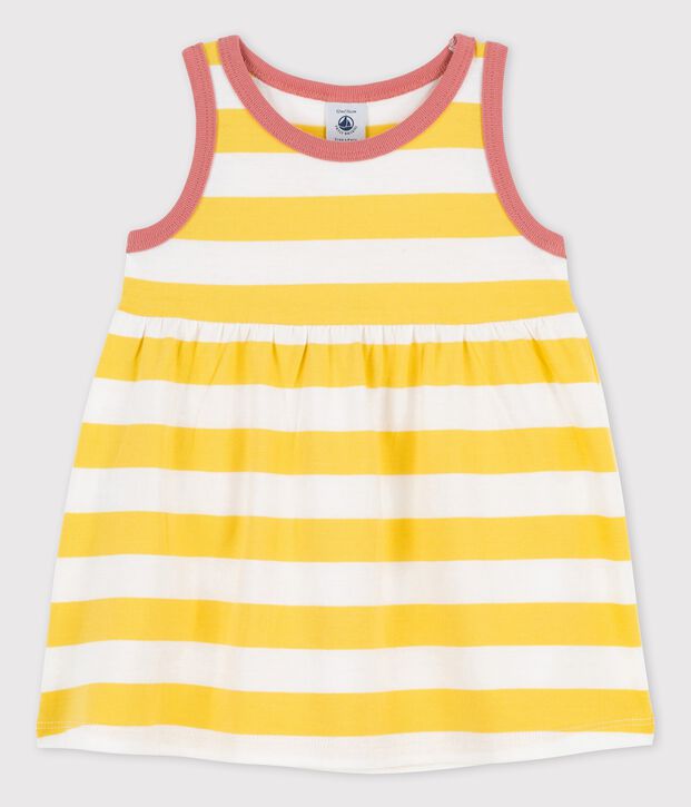 &Auml;rmelloses Babykleid aus gestreiftem Jersey gelb/weiss