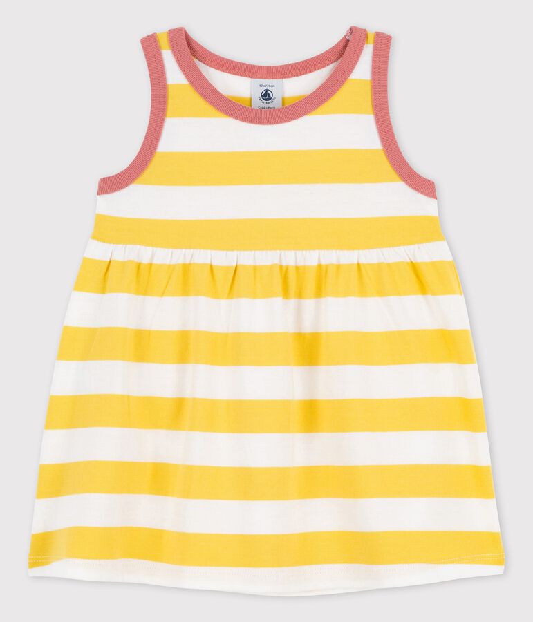 &Auml;rmelloses Babykleid aus gestreiftem Jersey gelb/weiss