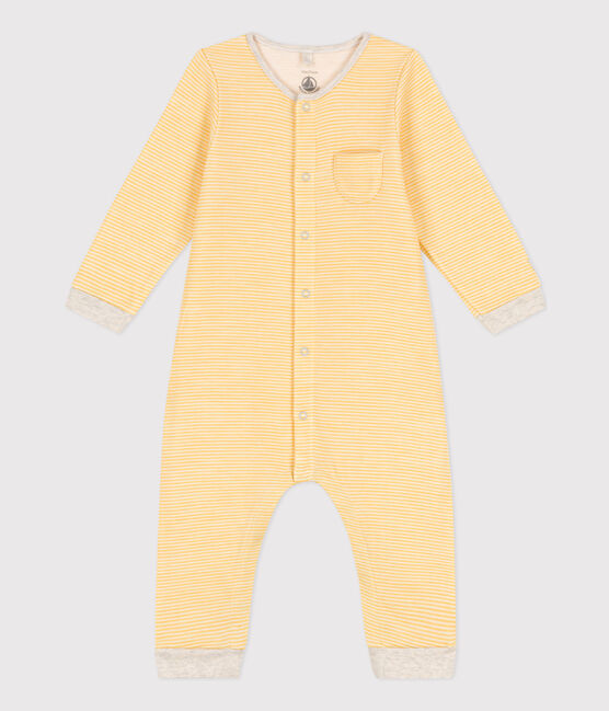 Langer Baby-Overall aus Wolle/Bio-Baumwolle mit Streifenmuster gelb OCRE/weiss MARSHMALLOW