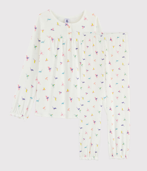 Kinderpyjama aus Rippstrick mit Vogelaufdruck für Mädchen weiss MARSHMALLOW/weiss MULTICO