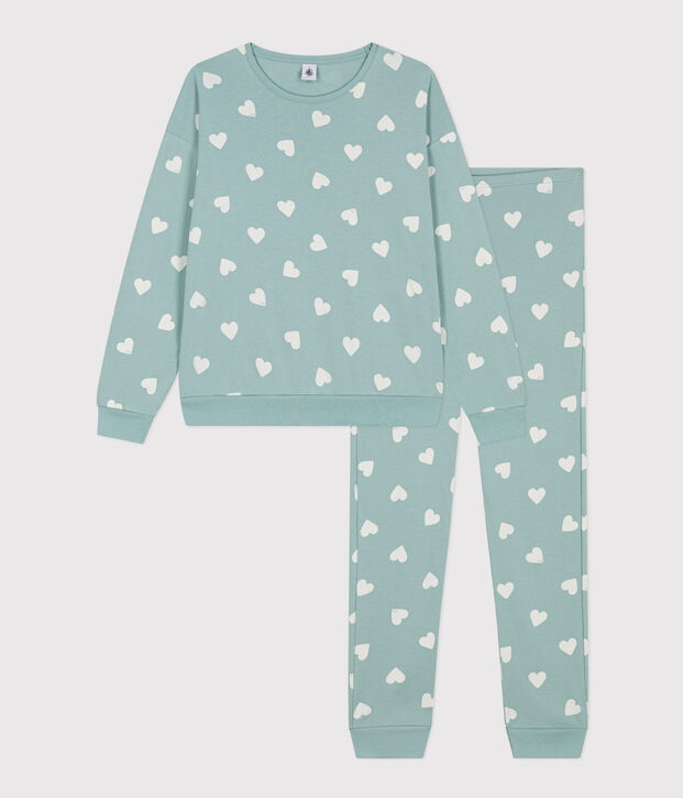 Damenpyjama aus Baumwolle mit Herzmotiv gr&uuml;n/naturfarben