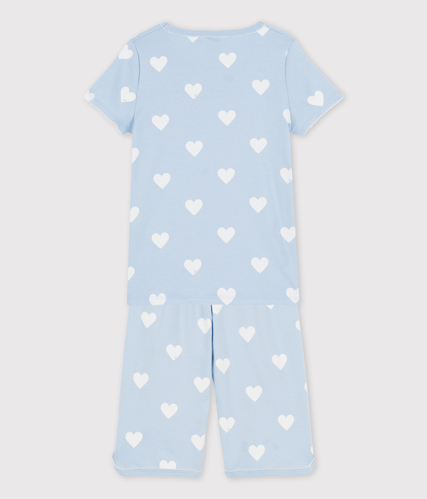 Kinder-Kurzpyjama aus Bio-Baumwolle mit Herzmotiv f&uuml;r M&auml;dchen blau/weiss