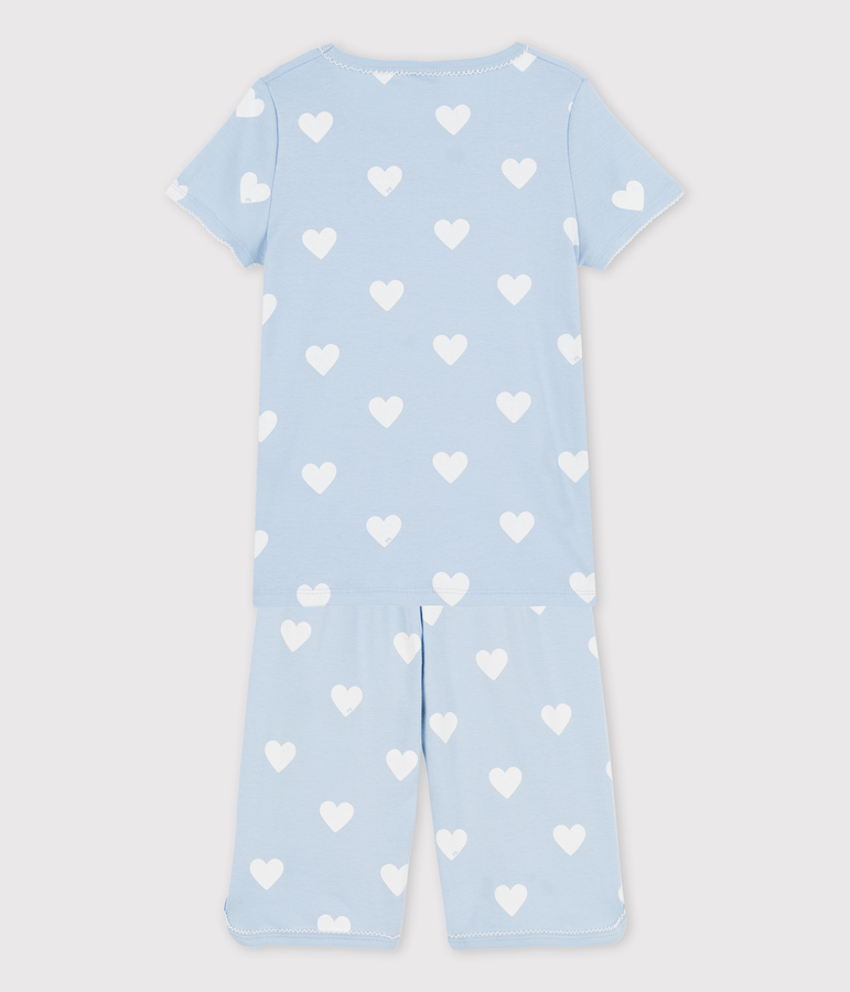 Kinder-Kurzpyjama aus Bio-Baumwolle mit Herzmotiv f&uuml;r M&auml;dchen blau/weiss