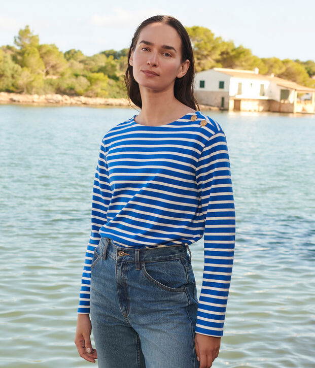 Lang&auml;rmeliges Damen-Streifenshirt Marini&egrave;re aus Baumwolle blau/weiss