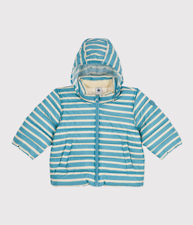 Gestreifter Baby-Anorak mit einziehbarer Kapuze blau/naturfarben