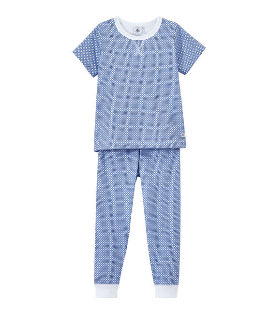 Kurzärmeliger Jungen-Schlafanzug aus gedoppeltem Jersey weiss ECUME/blau PERSE