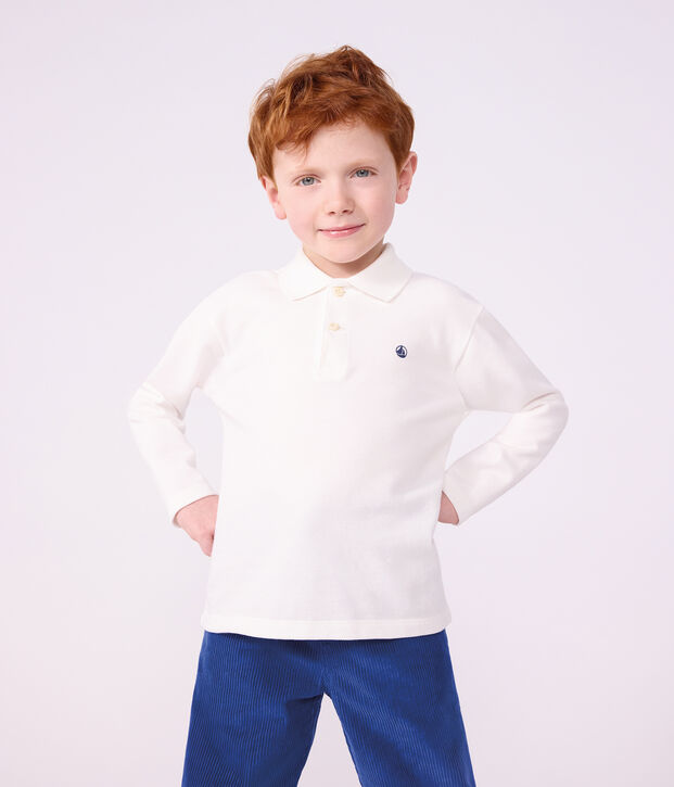 Lang&auml;rmeliges Kinder-Poloshirt aus einfarbiger Baumwolle weiss