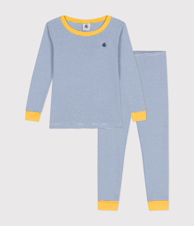 Eng anliegender Kinder-Pyjama aus gestreifter Baumwolle blau/weiss