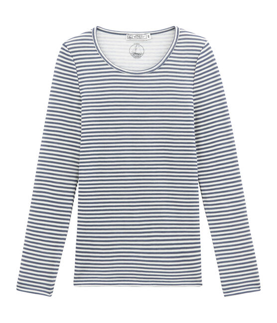 damen-langarmshirt aus woll/baumwollgemisch blau TURQUIN/weiss MARSHMALLOW