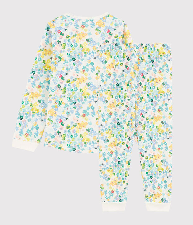 Kinderpyjama aus Molton mit Blumenmotiv im Aquarell-Stil f&uuml;r M&auml;dchen weiss/vielfarbig