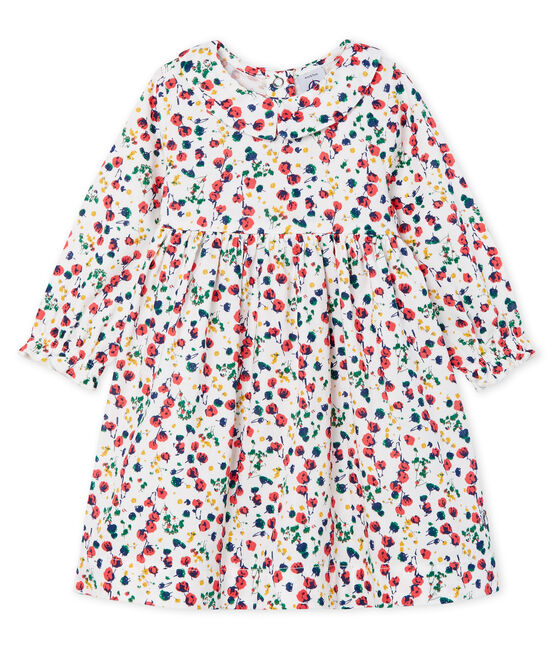 Langärmeliges gemustertes Babykleid für Mädchen weiss MARSHMALLOW/weiss MULTICO