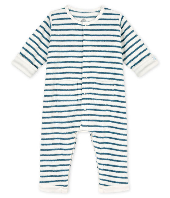 Langer Unisex-Overall aus angerautem, extra warmem Bouclé-Frottier mit Streifenmuster weiss MARSHMALLOW/blau ASTRO