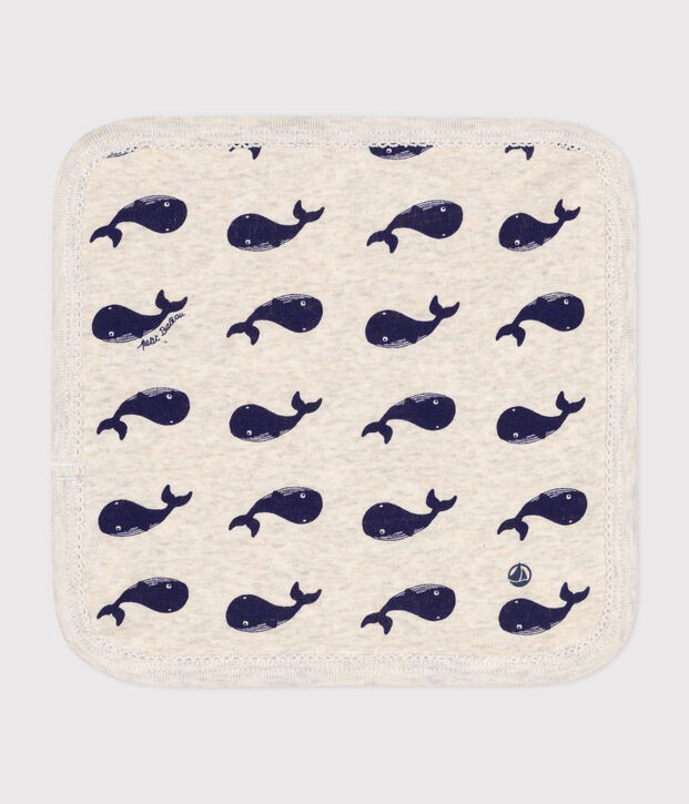Baby-Waschlappen aus Baumwolle und Frottee mit Walmotiv beige/blau