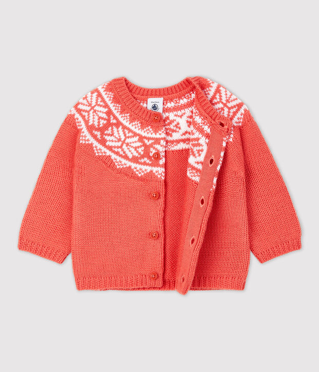 Baby-Cardigan aus 100 % Wolle. orange/weiss