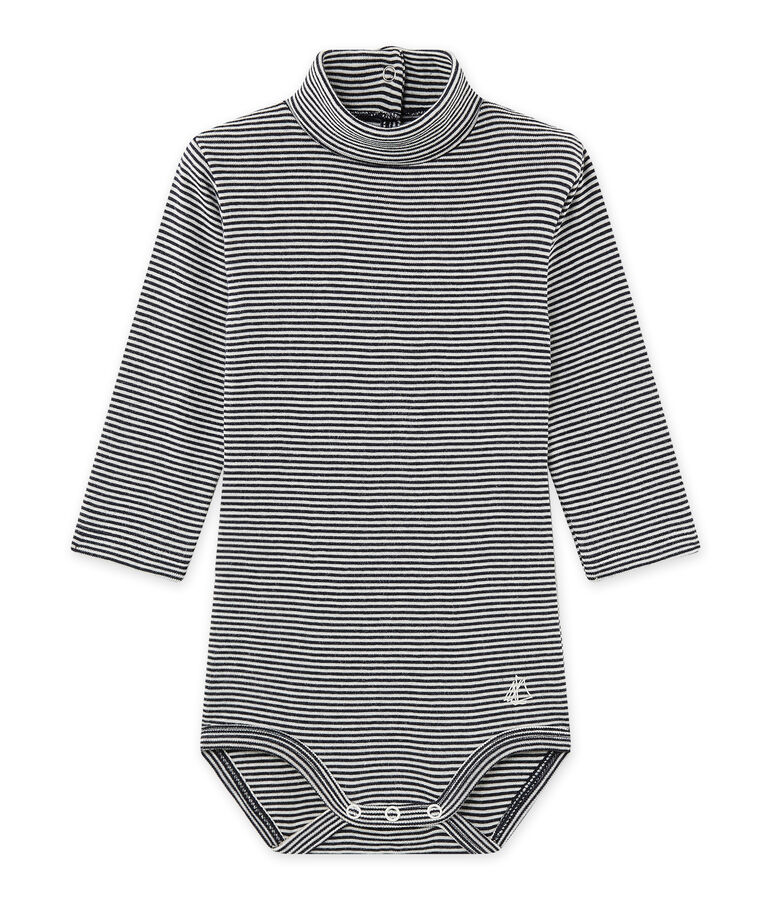 Unisex-Baby-Body mit Rollkragen im Milleraies-Ringelmuster blau SMOKING/beige COQUILLE