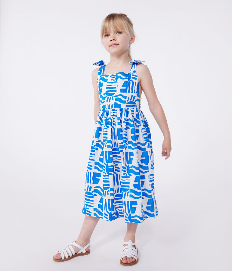 Langes Kinder-Tr&auml;gerkleid aus bedruckter Baumwolle weiss/blau