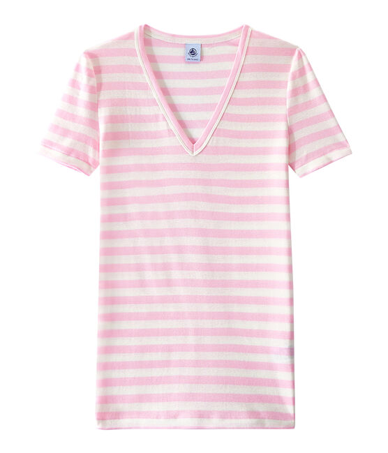 Gestreiftes Damen-T-Shirt mit V-Ausschnitt aus Original-Rippstrick rosa BABYLONE/weiss MARSHMALLOW