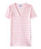 Gestreiftes Damen-T-Shirt mit V-Ausschnitt aus Original-Rippstrick rosa BABYLONE/weiss MARSHMALLOW
