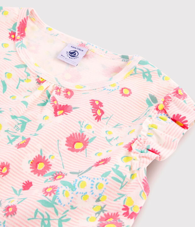 Kurz-Pyjama aus Rippstrick mit Blumenmuster f&uuml;r kleine M&auml;dchen weiss/vielfarbig